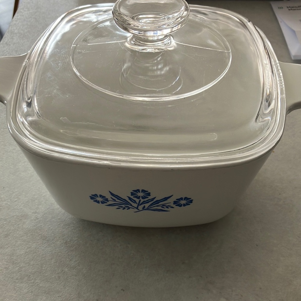 White Corning ware Casserole Dish with Blue Floral Design